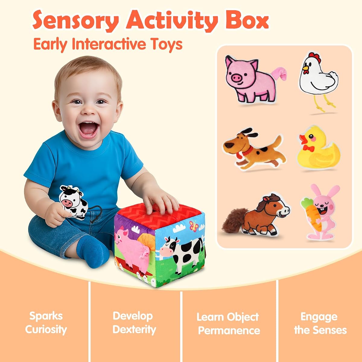 Soft Sensory Box with Stuffed Animals, Rattle and Mirror view 6